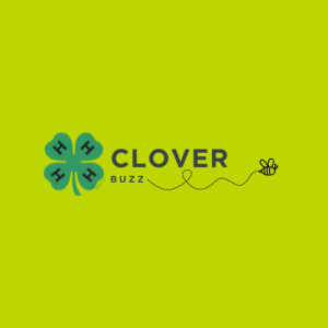 clover buzz newsletter logo with flying bee, 4-h logo/four leaf clover